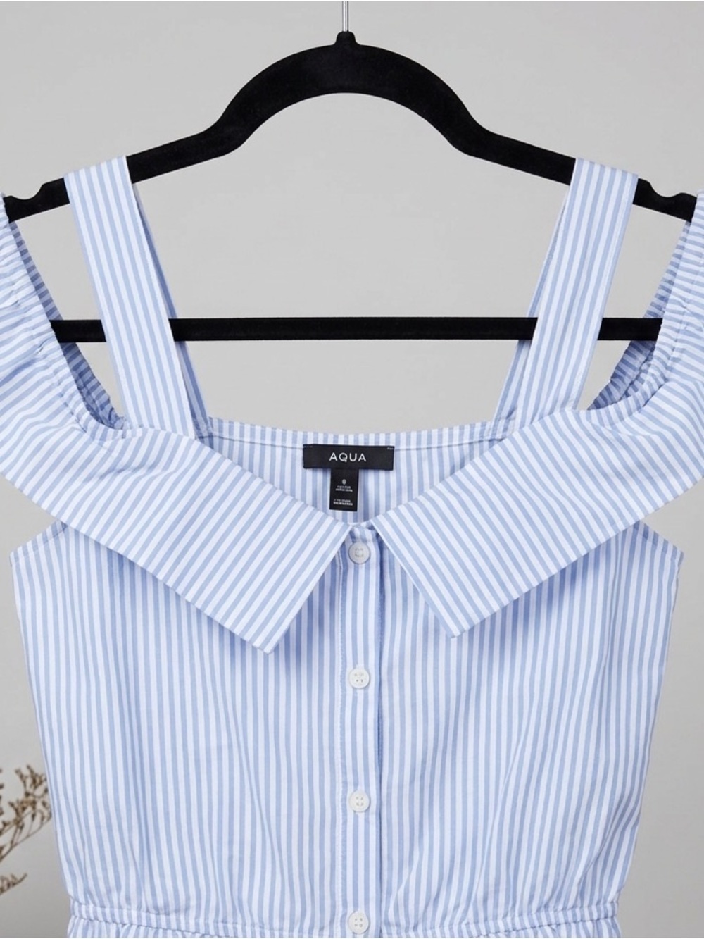 Aqua Light Blue and White Striped Off-Shoulder Button Front Top size xs